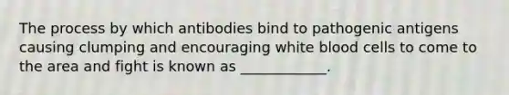 The process by which antibodies bind to pathogenic antigens causing clumping and encouraging white blood cells to come to the area and fight is known as ____________.