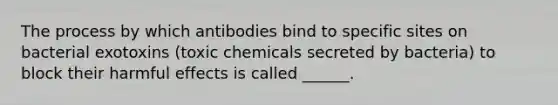 The process by which antibodies bind to specific sites on bacterial exotoxins (toxic chemicals secreted by bacteria) to block their harmful effects is called ______.