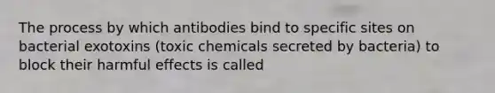 The process by which antibodies bind to specific sites on bacterial exotoxins (toxic chemicals secreted by bacteria) to block their harmful effects is called