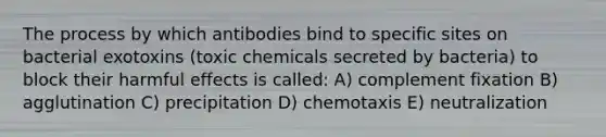 The process by which antibodies bind to specific sites on bacterial exotoxins (toxic chemicals secreted by bacteria) to block their harmful effects is called: A) complement fixation B) agglutination C) precipitation D) chemotaxis E) neutralization