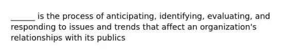 ______ is the process of anticipating, identifying, evaluating, and responding to issues and trends that affect an organization's relationships with its publics