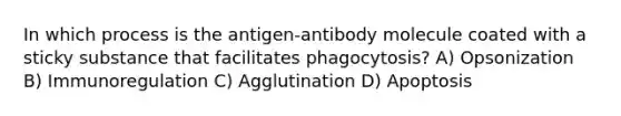 In which process is the antigen-antibody molecule coated with a sticky substance that facilitates phagocytosis? A) Opsonization B) Immunoregulation C) Agglutination D) Apoptosis