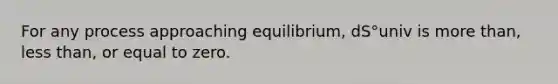 For any process approaching equilibrium, dS°univ is <a href='https://www.questionai.com/knowledge/keWHlEPx42-more-than' class='anchor-knowledge'>more than</a>, <a href='https://www.questionai.com/knowledge/k7BtlYpAMX-less-than' class='anchor-knowledge'>less than</a>, or equal to zero.