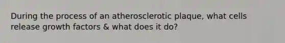 During the process of an atherosclerotic plaque, what cells release growth factors & what does it do?