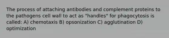 The process of attaching antibodies and complement proteins to the pathogens cell wall to act as "handles" for phagocytosis is called: A) chemotaxis B) opsonization C) agglutination D) optimization