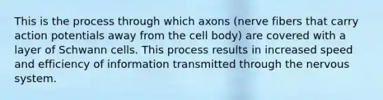 This is the process through which axons (nerve fibers that carry action potentials away from the cell body) are covered with a layer of Schwann cells. This process results in increased speed and efficiency of information transmitted through the nervous system.