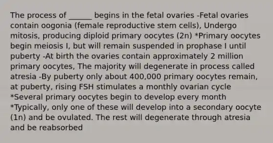 The process of ______ begins in the fetal ovaries -Fetal ovaries contain oogonia (female reproductive stem cells), Undergo mitosis, producing diploid primary oocytes (2n) *Primary oocytes begin meiosis I, but will remain suspended in prophase I until puberty -At birth the ovaries contain approximately 2 million primary oocytes, The majority will degenerate in process called atresia -By puberty only about 400,000 primary oocytes remain, at puberty, rising FSH stimulates a monthly ovarian cycle *Several primary oocytes begin to develop every month *Typically, only one of these will develop into a secondary oocyte (1n) and be ovulated. The rest will degenerate through atresia and be reabsorbed