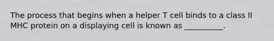 The process that begins when a helper T cell binds to a class II MHC protein on a displaying cell is known as __________.