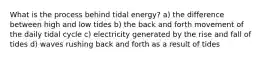 What is the process behind tidal energy? a) the difference between high and low tides b) the back and forth movement of the daily tidal cycle c) electricity generated by the rise and fall of tides d) waves rushing back and forth as a result of tides