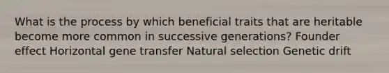 What is the process by which beneficial traits that are heritable become more common in successive generations? Founder effect Horizontal gene transfer Natural selection Genetic drift