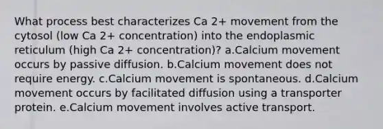 What process best characterizes Ca 2+ movement from the cytosol (low Ca 2+ concentration) into the endoplasmic reticulum (high Ca 2+ concentration)? a.Calcium movement occurs by passive diffusion. b.Calcium movement does not require energy. c.Calcium movement is spontaneous. d.Calcium movement occurs by facilitated diffusion using a transporter protein. e.Calcium movement involves active transport.