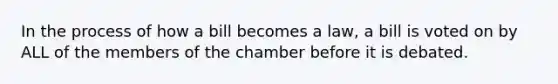 In the process of how a bill becomes a law, a bill is voted on by ALL of the members of the chamber before it is debated.