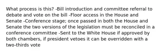 What process is this? -Bill introduction and committee referral to debate and vote on the bill -Floor access in the House and Senate -Conference stage; once passed in both the House and Senate the two versions of the legislation must be reconciled in a conference committee -Sent to the White House if approved by both chambers, if president vetoes it can be overridden with a two-thirds vote