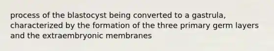 process of the blastocyst being converted to a gastrula, characterized by the formation of the three primary germ layers and the extraembryonic membranes