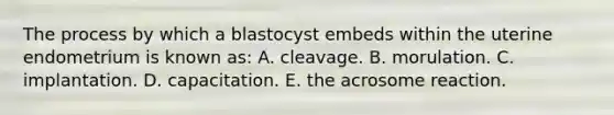 The process by which a blastocyst embeds within the uterine endometrium is known as: A. cleavage. B. morulation. C. implantation. D. capacitation. E. the acrosome reaction.