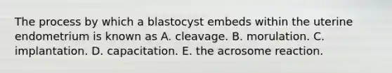 The process by which a blastocyst embeds within the uterine endometrium is known as A. cleavage. B. morulation. C. implantation. D. capacitation. E. the acrosome reaction.