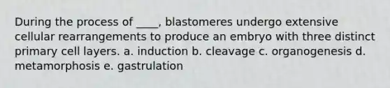 During the process of ____, blastomeres undergo extensive cellular rearrangements to produce an embryo with three distinct primary cell layers. a. induction b. cleavage c. organogenesis d. metamorphosis e. gastrulation