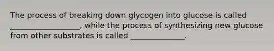 The process of breaking down glycogen into glucose is called __________________, while the process of synthesizing new glucose from other substrates is called ______________.