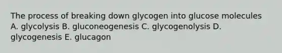 The process of breaking down glycogen into glucose molecules A. glycolysis B. gluconeogenesis C. glycogenolysis D. glycogenesis E. glucagon