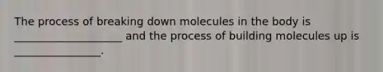 The process of breaking down molecules in the body is ____________________ and the process of building molecules up is ________________.