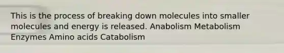 This is the process of breaking down molecules into smaller molecules and energy is released. Anabolism Metabolism Enzymes Amino acids Catabolism