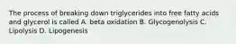 The process of breaking down triglycerides into free fatty acids and glycerol is called A. beta oxidation B. Glycogenolysis C. Lipolysis D. Lipogenesis