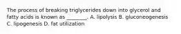 The process of breaking triglycerides down into glycerol and fatty acids is known as ________. A. lipolysis B. gluconeogenesis C. lipogenesis D. fat utilization