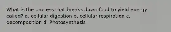 What is the process that breaks down food to yield energy called? a. cellular digestion b. cellular respiration c. decomposition d. Photosynthesis