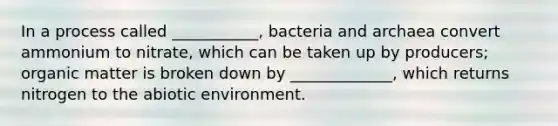 In a process called ___________, bacteria and archaea convert ammonium to nitrate, which can be taken up by producers; organic matter is broken down by _____________, which returns nitrogen to the abiotic environment.