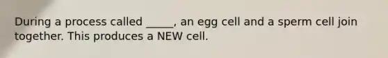 During a process called _____, an egg cell and a sperm cell join together. This produces a NEW cell.