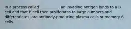 In a process called __________, an invading antigen binds to a B cell and that B cell then proliferates to large numbers and differentiates into antibody-producing plasma cells or memory B cells.
