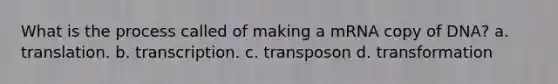 What is the process called of making a mRNA copy of DNA? a. translation. b. transcription. c. transposon d. transformation