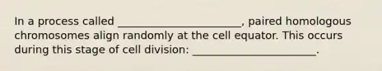 In a process called _______________________, paired homologous chromosomes align randomly at the cell equator. This occurs during this stage of <a href='https://www.questionai.com/knowledge/kjHVAH8Me4-cell-division' class='anchor-knowledge'>cell division</a>: _______________________.
