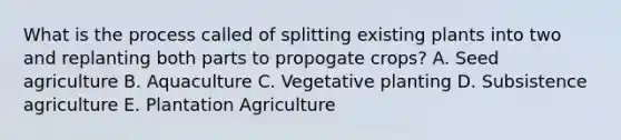 What is the process called of splitting existing plants into two and replanting both parts to propogate crops? A. Seed agriculture B. Aquaculture C. Vegetative planting D. Subsistence agriculture E. Plantation Agriculture