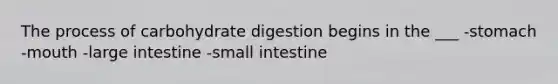 The process of carbohydrate digestion begins in the ___ -stomach -mouth -large intestine -small intestine