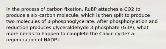 In the process of carbon fixation, RuBP attaches a CO2 to produce a six-carbon molecule, which is then split to produce two molecules of 3-phosphoglycerate. After phosphorylation and reduction produces glyceraldehyde 3-phosphate (G3P), what more needs to happen to complete the Calvin cycle? a. regeneration of NADP+