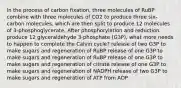 In the process of carbon fixation, three molecules of RuBP combine with three molecules of CO2 to produce three six-carbon molecules, which are then split to produce 12 molecules of 3-phosphoglycerate. After phosphorylation and reduction produce 12 glyceraldehyde 3-phosphate (G3P), what more needs to happen to complete the Calvin cycle? release of two G3P to make sugars and regeneration of RuBP release of one G3P to make sugars and regeneration of RuBP release of one G3P to make sugars and regeneration of citrate release of one G3P to make sugars and regeneration of NADPH release of two G3P to make sugars and regeneration of ATP from ADP