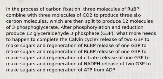 In the process of carbon fixation, three molecules of RuBP combine with three molecules of CO2 to produce three six-carbon molecules, which are then split to produce 12 molecules of 3-phosphoglycerate. After phosphorylation and reduction produce 12 glyceraldehyde 3-phosphate (G3P), what more needs to happen to complete the Calvin cycle? release of two G3P to make sugars and regeneration of RuBP release of one G3P to make sugars and regeneration of RuBP release of one G3P to make sugars and regeneration of citrate release of one G3P to make sugars and regeneration of NADPH release of two G3P to make sugars and regeneration of ATP from ADP