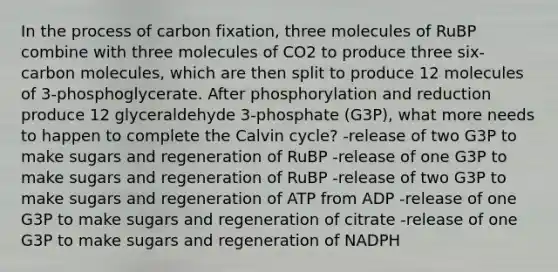 In the process of carbon fixation, three molecules of RuBP combine with three molecules of CO2 to produce three six-carbon molecules, which are then split to produce 12 molecules of 3-phosphoglycerate. After phosphorylation and reduction produce 12 glyceraldehyde 3-phosphate (G3P), what more needs to happen to complete the Calvin cycle? -release of two G3P to make sugars and regeneration of RuBP -release of one G3P to make sugars and regeneration of RuBP -release of two G3P to make sugars and regeneration of ATP from ADP -release of one G3P to make sugars and regeneration of citrate -release of one G3P to make sugars and regeneration of NADPH