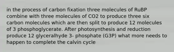 in the process of carbon fixation three molecules of RuBP combine with three molecules of CO2 to produce three six carbon molecules which are then split to produce 12 molecules of 3 phosphoglycerate. After photosynthesis and reduction produce 12 glyceralhyde 3- phosphate (G3P) what more needs to happen to complete the calvin cycle