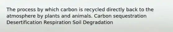 The process by which carbon is recycled directly back to the atmosphere by plants and animals. Carbon sequestration Desertification Respiration Soil Degradation