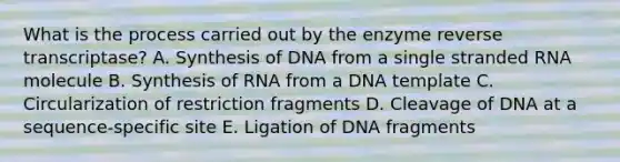 What is the process carried out by the enzyme reverse transcriptase? A. Synthesis of DNA from a single stranded RNA molecule B. Synthesis of RNA from a DNA template C. Circularization of restriction fragments D. Cleavage of DNA at a sequence-specific site E. Ligation of DNA fragments