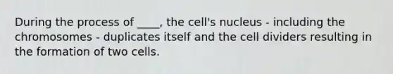 During the process of ____, the cell's nucleus - including the chromosomes - duplicates itself and the cell dividers resulting in the formation of two cells.