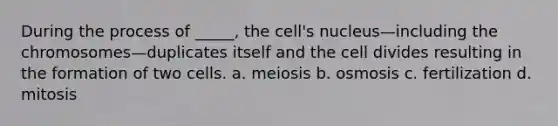 During the process of _____, the cell's nucleus—including the chromosomes—duplicates itself and the cell divides resulting in the formation of two cells. a. meiosis b. osmosis c. fertilization d. mitosis