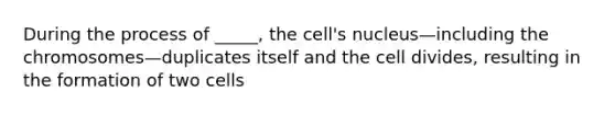 During the process of _____, the cell's nucleus—including the chromosomes—duplicates itself and the cell divides, resulting in the formation of two cells