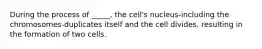 During the process of _____, the cell's nucleus-including the chromosomes-duplicates itself and the cell divides, resulting in the formation of two cells.