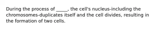 During the process of _____, the cell's nucleus-including the chromosomes-duplicates itself and the cell divides, resulting in the formation of two cells.