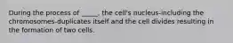 During the process of _____, the cell's nucleus-including the chromosomes-duplicates itself and the cell divides resulting in the formation of two cells.