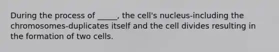 During the process of _____, the cell's nucleus-including the chromosomes-duplicates itself and the cell divides resulting in the formation of two cells.