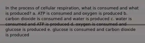 In the process of cellular respiration, what is consumed and what is produced? a. ATP is consumed and oxygen is produced b. carbon dioxide is consumed and water is produced c. water is consumed and ATP is produced d. oxygen is consumed and glucose is produced e. glucose is consumed and carbon dioxide is produced